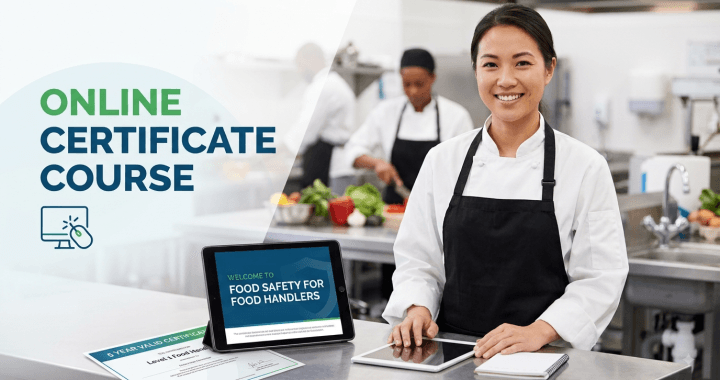 Female food handler smiling in a commercial kitchen setting next to a tablet displaying an online food safety course and a Level 1 certificate.